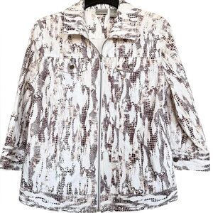 Chico's Sz 1(M) White and Brown Snakeskin Print Zip-Front Utility Jacket
